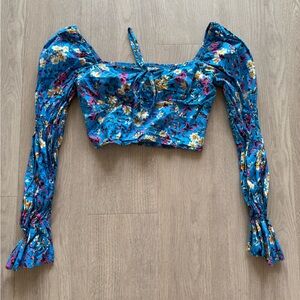 SHEIN Blue Floral Puff Sleeve Blouse